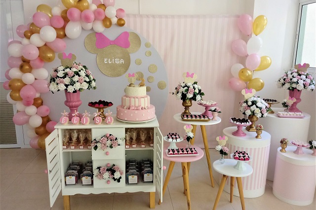 Decoração de Festa Minnie Rosa e Dourado