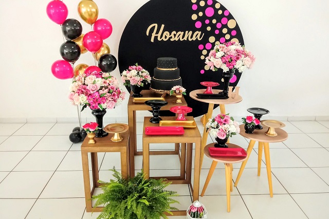 Decoração de Festa Preta, Pink e Dourada