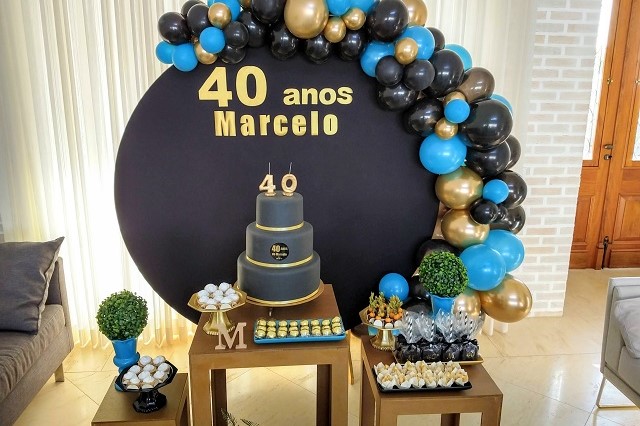 Decoração de Festa 40 Anos Preto, Azul e Dourado